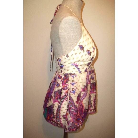 TIBI Cream-Gold & Multi-colored Floral Print Silk Halter Top Blouse Shirt 6 - Picture 5 of 11